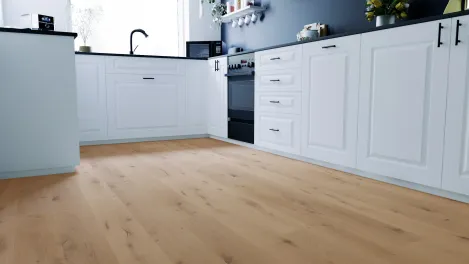 Raumbild Küche mit Lohfloors Santiago Eiche Parkettboden zum Klicken