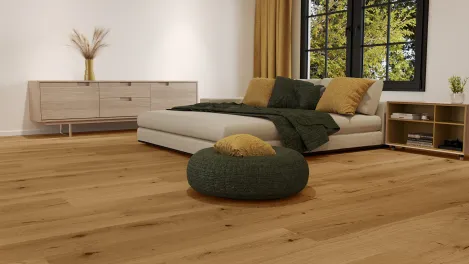 Raumbild Wohnzimmer mit Lohfloors Sofia Eiche Parkettboden