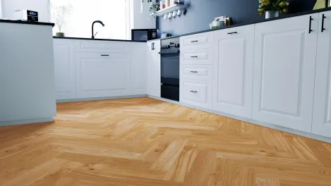 Raumbild Küche mit Lohfloors Tokyo Eiche Fischgrät Parkettboden zum Klicken