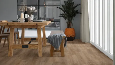 Raumbild Ambiente – Wohnbeispiel mit vivafloors Eiche 5300 Vinylboden zum Kleben
