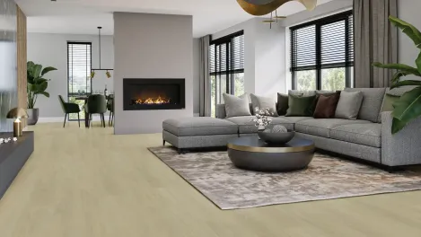 Raumbild Wohnzimmer – stilvolles Wohnzimmer mit Vivafloors Eiche 8540 Klebevinyl